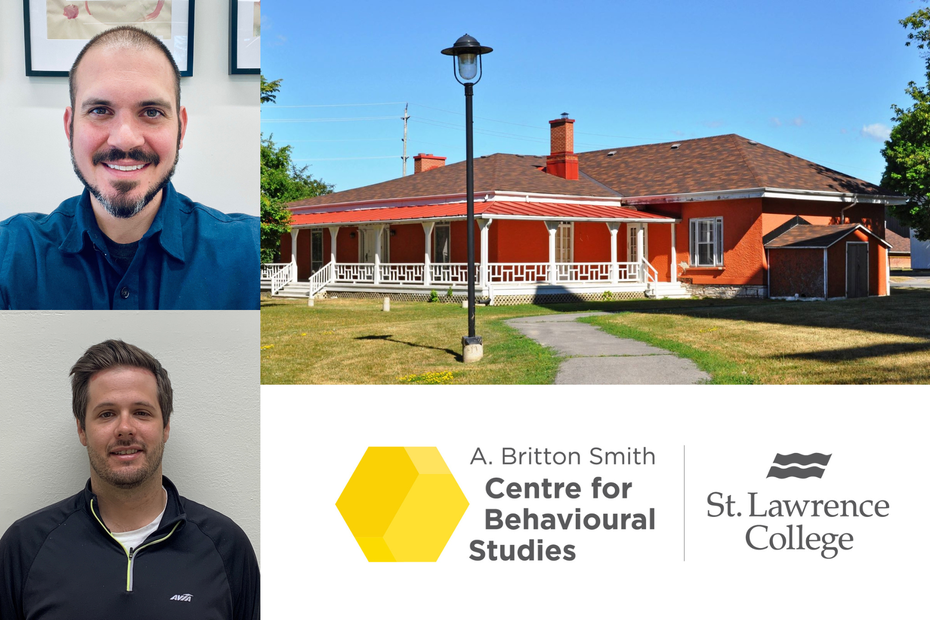 Headshots of Mike Williams and Alex Glecoff appear beside an exterior picture of Newcourt House, home to the A. Britton Smith Centre for Behavioural Studies